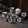 Juego de té de hielo negro de alta gama, juego completo de cuencos y tazas de té para el hogar, juego de té kung fu de cerámica japonesa con diseño de flor de hielo, caja de regalo