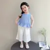 Conjunto de Chaleco Casual a Cuadros Estilo Coreano para Niñas 2026 Nuevo Moda de Verano Pantalones Anchos de Pierna Delgados de Verano para Niños para Exteriores