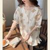 Pijamas de estilo coreano para mujer, de verano, con estampado floral pequeño, manga corta, cuello redondo, encaje de princesa, burbujas, sueltos, para chica dulce