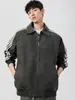 Chaqueta de Cuero PU Acu para Hombre con Solapa Rayada Desgastada y Manchas, Cuello Alto, Corte Holgado Casual con Cremallera y Remaches