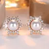 Pendientes de Perla Artificial de Girasol de Lujo Ligero Transfronterizos Rongxing, Pendientes Elegantes con Rodeado Completo de Diamantes, Versátiles para Banquetes y Uso Diario