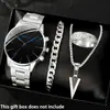 Temu Conjunto Popular de Relógio Masculino Ponteiro Azul Pulseira de Aço Vidro Relógio de Quartzo Colar Anel Relógio Masculino