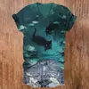 Camiseta Impresa de Manga Corta Más Vendida Transfronteriza Estilo Europeo y Americano Camiseta de Mujer con Estampado Digital 3D de Gatito Camiseta Simple con Cuello en V para Mujer