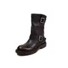 Botas Martin de piel con mucha textura 2026 Otoño/Invierno punta redonda suela gruesa tacón medio grueso hebilla piel genuina botas de media pantorrilla para mujer