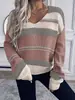 Suéter de punto para mujer, nuevo de otoño e invierno, a rayas, patchwork, cuello en V, holgado, casual, corte ajustado, popular en sitios independientes de comercio exterior