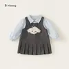 Bangxuan Roupas Infantis 2026 Conjunto de Duas Peças Estilo College para Crianças Pequenas: Camisa Listrada com Gola Reversível e Saia Plissada de Lã para Meninas