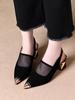 Sapatos de Couro com Malha de Bico Fino e Salto Bloco Estilo Europeu e Americano com Calcanhar Aberto, Sandálias para o Dia a Dia, Nova Moda Verão 2025 Salto Alto