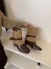 Botines Western Retro para Mujer con Tacón Interno de 5 cm, Punta Cuadrada, Correa con Hebilla, Botines Arrugados Adelgazantes para Tobillo