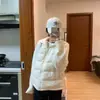 Temperamento Estilo Socialite Tricô Patchwork Bordado de Letras Gola Alta Jaqueta Casaco de Algodão Feminino Inverno Casual Versátil Quente Roupas de Algodão