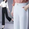 8133 Calças Wide Leg Tingimento Branco Calças de Perna Larga Calças de Chão Meia-idade Retas Soltas Primavera e Verão Calças Longas Calças Femininas Verão Finas