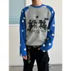 Top de punto gofrado a bloques de color retro a la moda estilo americano con estampado de estrellas, colección de otoño, estampado digital, camiseta de manga larga, unisex