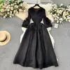 Vestido Estilo Palacio Europeo para Mujer con Diseño de Borla Cuello en V Delgado Largo Vestido Plegado Miyake con Manga de Campana para Mujer
