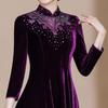 Shenzhen Noble Cheongsam Mejorado Nuevo Primavera y Otoño Terciopelo Banquete de Bodas Vestido de Madre Falda Acampanada Retro Una Pieza Al por Mayor
