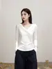 Elegante Top Básico Branco de Manga Longa com Decote V para Mulheres, Primavera e Outono, Slim Fit, Camiseta de Roupa Íntima Cor Sólida, Top de Estilo Simples e Suave