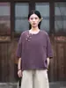 26 Verão Novo Retrô Casual Solta Camisa Estilo Chinês Color-Block Botão de Linha Pulôver Camiseta