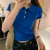 Top de Punto Gris con Cuello Polo, Ajustado, Manga Corta, Estilo Coreano, Sexy y a la Moda, para Mujer, Nueva Moda de Verano para el Trabajo