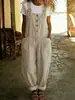 2026 Verano Nuevo Algodón Lino Color Sólido Bolsillo Vintage Pierna Recta Monos para Mujer Cruzados Europa y América Amazon Sitio Independiente