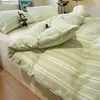 INS Nuevo Conjunto Rayado de Algodón Lavado de Alto Gramaje de Cuatro Piezas Sábana Sábana Ajustable Funda Nórdica Conjunto de Tres Piezas Ropa de Cama para Dormitorio de Estudiante 4