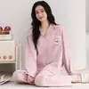 Pijama Feminino de Algodão Puro Manga Longa Outono e Inverno Pode Ser Usado Fora Cardigã Gola Lapela Simples Novo Desenho Animado Conjunto de Roupa para Casa 100% Algodão