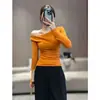 Nuevo Diseño Otoño 2026: Elegante Escote Asimétrico, Hombros Descubiertos, Camiseta de Manga Larga Estilo Coreano para Mujer, Top Base Adelgazante