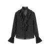 Venta al por mayor de ropa para mujer estilo europeo y americano transfronteriza, camisa de gasa estampada estilo commuter con capas plisadas y manga acampanada