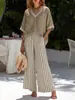 Conjunto de Traje de Algodón y Lino Nuevo de Verano para Mujer Top Holgado de Manga Corta con Cuello en V Pantalones de Pierna Ancha Rayados Conjunto de Dos Piezas Casual Transfronterizo