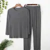 Pijama para hombre, modal fino, manga larga, pantalones, primavera/verano, otoño, casual, talla grande, cuello redondo, traje para estar en casa