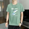 Camiseta Masculina de Verão com Manga Curta de Seda Gelada Transfronteiriça, Moda Gola Redonda Estampada Tendência Slim Fit Fina Casual Meia Manga