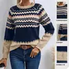 Suéter de punto de moda transfronterizo europeo y americano para mujer, top de punto elegante de cuello redondo, clásico de rayas y bloques de color, tejido de Amazon