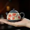 Tetera Cerámica para el Hogar Estilo Antiguo Pintada a Mano con Esmalte Color Caramelo, Diseño Azul Índigo y Ciruela Roja, con Filtro de Agujero de Bola para Té Kung Fu