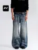 Jeans azules de pierna recta estilo americano Fengmei, unisex, lavados y desgastados, vintage, con efecto ojo de gato tridimensional, corte holgado, pierna ancha, pantalones casuales