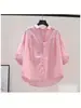 Camisa feminina de algodão puro estilo artístico azul claro com mangas de três quartos, camisa casual, novo estilo de verão, top elegante