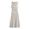 Comercio Exterior Estilo Europeo y Americano Otoño Nuevo Vestido Midi Elegante para Mujer Sin Mangas Textura de Satén de Seda