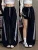 Pantalones Deportivos Estilo Americano Talla Grande 300 Jin para Mujer Otoño Invierno con Felpa Gruesa Pantalones de Guadaña Casuales de Cintura Alta de Pierna Ancha Rayados de Moda