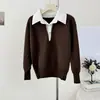 Suéter de Punto de Manga Larga con Cuello Turn-Down, Bloque de Color y Raya Vertical, Estilo Coreano, Falso Dos Piezas, Nuevo Invierno para Mujer, Estilo Universitario, Top Holgado para Mujer
