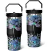 Taza con Asa de Flor de Libélula Negra Transfronteriza de 30 oz, Acero Inoxidable al Vacío de Doble Pared, Termo Portátil para Uso en Coche