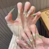 Uñas Postizas Cat-Eye de Guayaba, Hechas Completamente a Mano, Verde Puro, Arte de Uñas Sencillo en Tono Nude Suave, Producto Terminado, Reutilizables y Removibles
