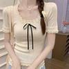 Camiseta Feminina de Verão Nova com Babado Duplo e Laço, Manga Curta, Decote Ombro a Ombro, Doce e Apimentada, Justa, Top Curto