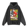 Directamente del fabricante, sudadera con capucha lavada y desgastada con estampado de anime genial, corte holgado extragrande, sudadera de marca de moda urbana