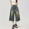 Jeans de pierna recta con diseño de borde crudo rasgado estilo americano para mujer, nuevos pantalones cropped anchos de pierna ancha estilo vintage veraniego desgastado