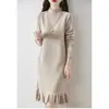 Vestido de Tricô Estilo Coreano para Primavera, Outono e Inverno com Barra de Renda, Suéter Pulôver de Gola Meio Alta, Vestido de Peça Única de Comprimento Médio