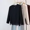 Tamanho Plus Tencel Algodão Renda Guarnição Patchwork Gola Redonda Solto Manga Longa Camada Base Outono Estilo Branco Casual Camiseta Top