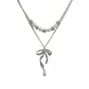 Moda Estilo Coreano y Japonés Lujo Ligero Versátil Doble Capa Cinta de Cuentas Lazo Collar Cadena para el Cuello Simple Exquisito