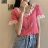 Camiseta de manga corta con encaje de verano 2024, estilo coreano versátil casual, ajustada, adelgazante, top corto para mujer