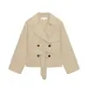 Moda Feminina Transfronteiriça Europeia e Americana Novo Estilo Retro Francês Casaco Trench Curto com Lapela Acinturado com Cinto e Ombreiras, Atacado de Alto Padrão