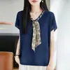 Top de punto de lino helado con cuello en V y manga corta, estilo maduro ligero para mujer, con decoración de bufanda de seda, camiseta top de verano fina, holgada, transpirable, con manga de volantes