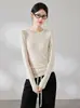Camiseta de Manga Larga con Cuello Redondo para Mujer Cleanfit, Camisa Base Drapeada Ajustada de Lyocell Lana Acetato, Otoño 2026