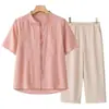 Novo Conjunto de Verão Estilo Chinês da Mamãe, Camisa Ocidental de Decote V, Camisa Solta Antiga de Verão para Mulheres de Meia-Idade e Idosas