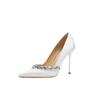 Zapatos de tacón alto franceses para mujer, 2024, nuevos, con diamantes de imitación, plateados, blancos, con diseño de tacón fino, zapatos de boda, zapatos para pies cansados.