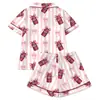 Pijama de Cardigan Rosa de Seda de Leche Transfronterizo Europeo y Americano para Mujer, Shorts de Manga Corta, Conjunto Casual Cómodo y Transpirable para el Hogar